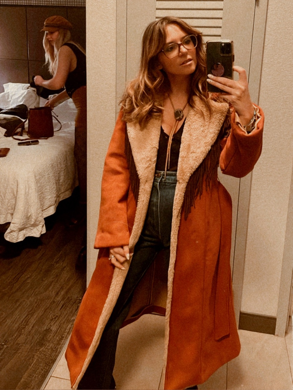 NWT HUTCH Daisy Coat in Caramel Fringe Trim Fur Lined Faux Suede Jacket XS